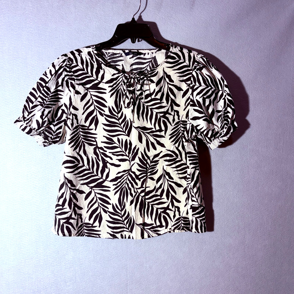 DNMX Palm Leaf Print Top Womens Large Cream Black Tie Neck Puff Sleeve Blouse